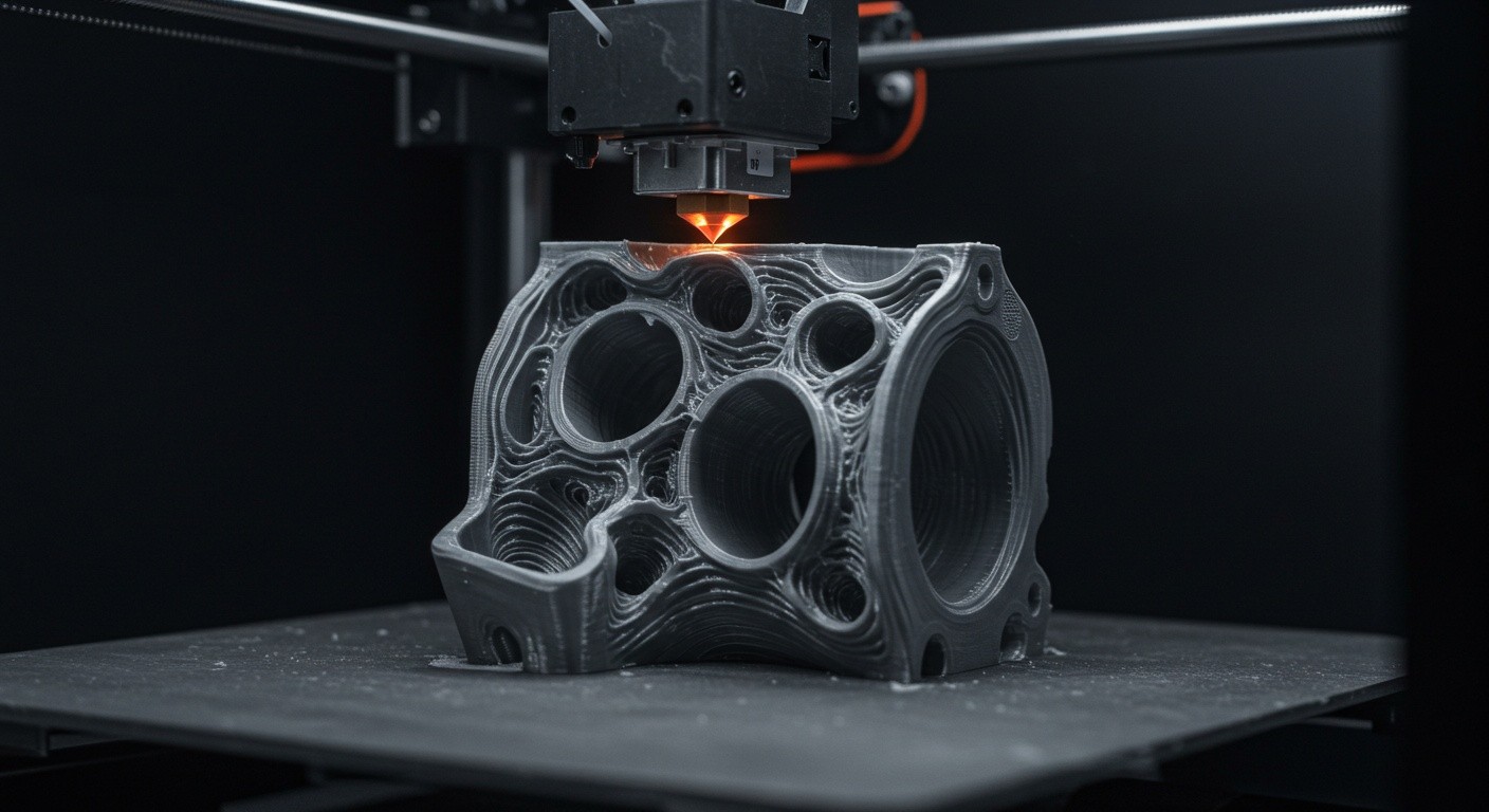 (реалистичная фотография) (Не используй текст и буквы на изображении) : 3d печать, Послойное создание внутренних каналов в деталях