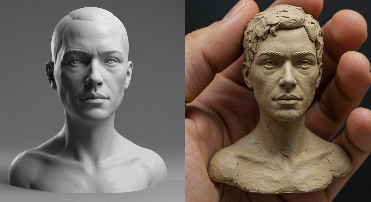 (реалистичная фотография) (Не используй текст и буквы на изображении) : 3d печать, Техника ручной лепки фигур из глины и пластилина