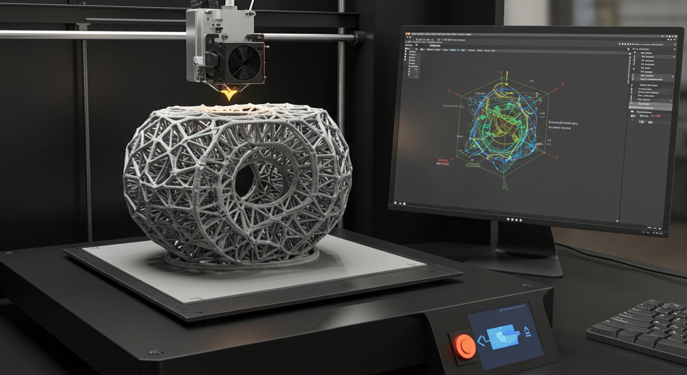 (реалистичная фотография) (Не используй текст и буквы на изображении) : 3d печать, Послойная печать и анализ геометрии перед стартом