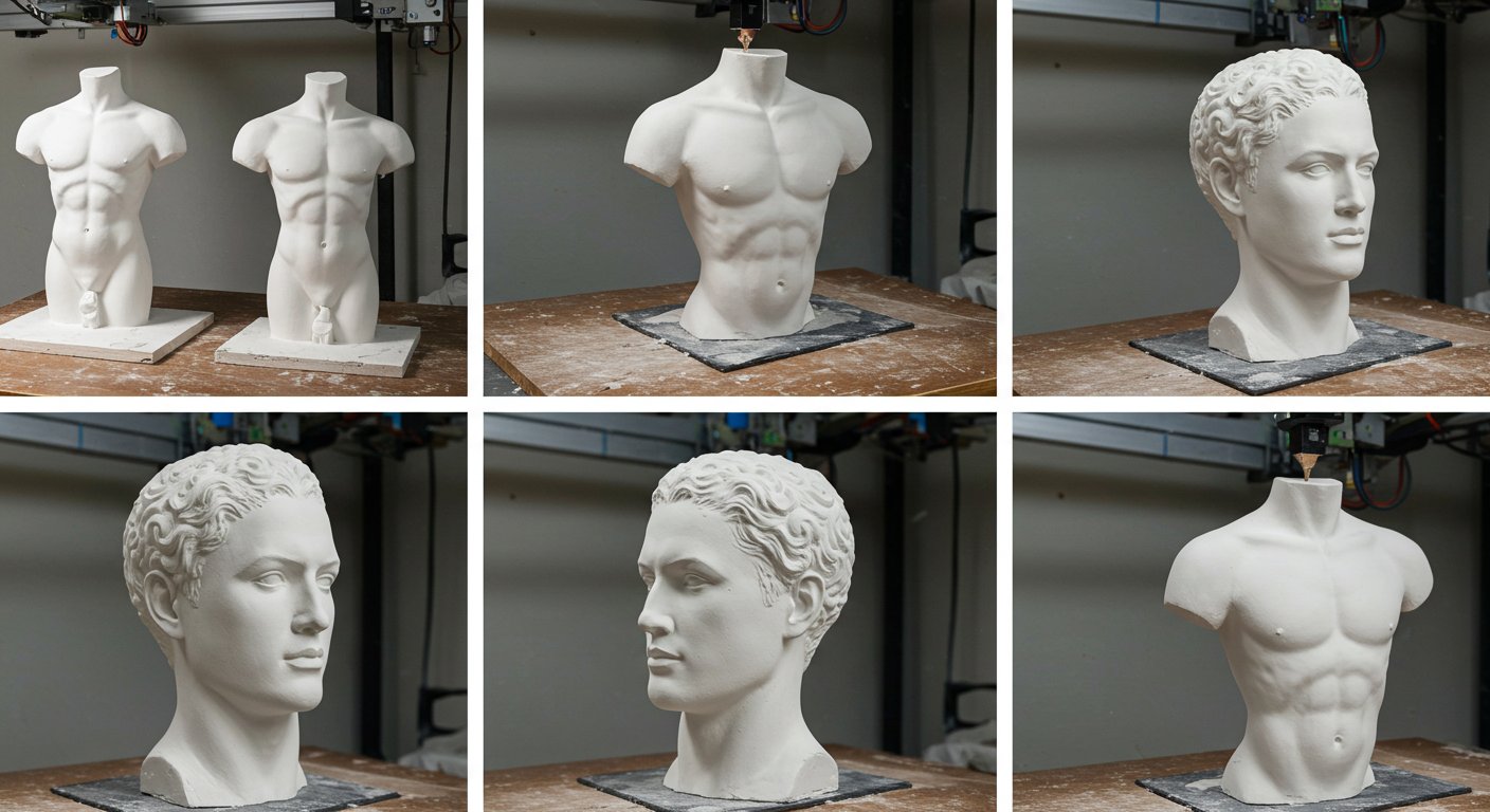 (реалистичная фотография) (Не используй текст и буквы на изображении) : 3d печать, Изготовление скульптур из гипса: основные этапы