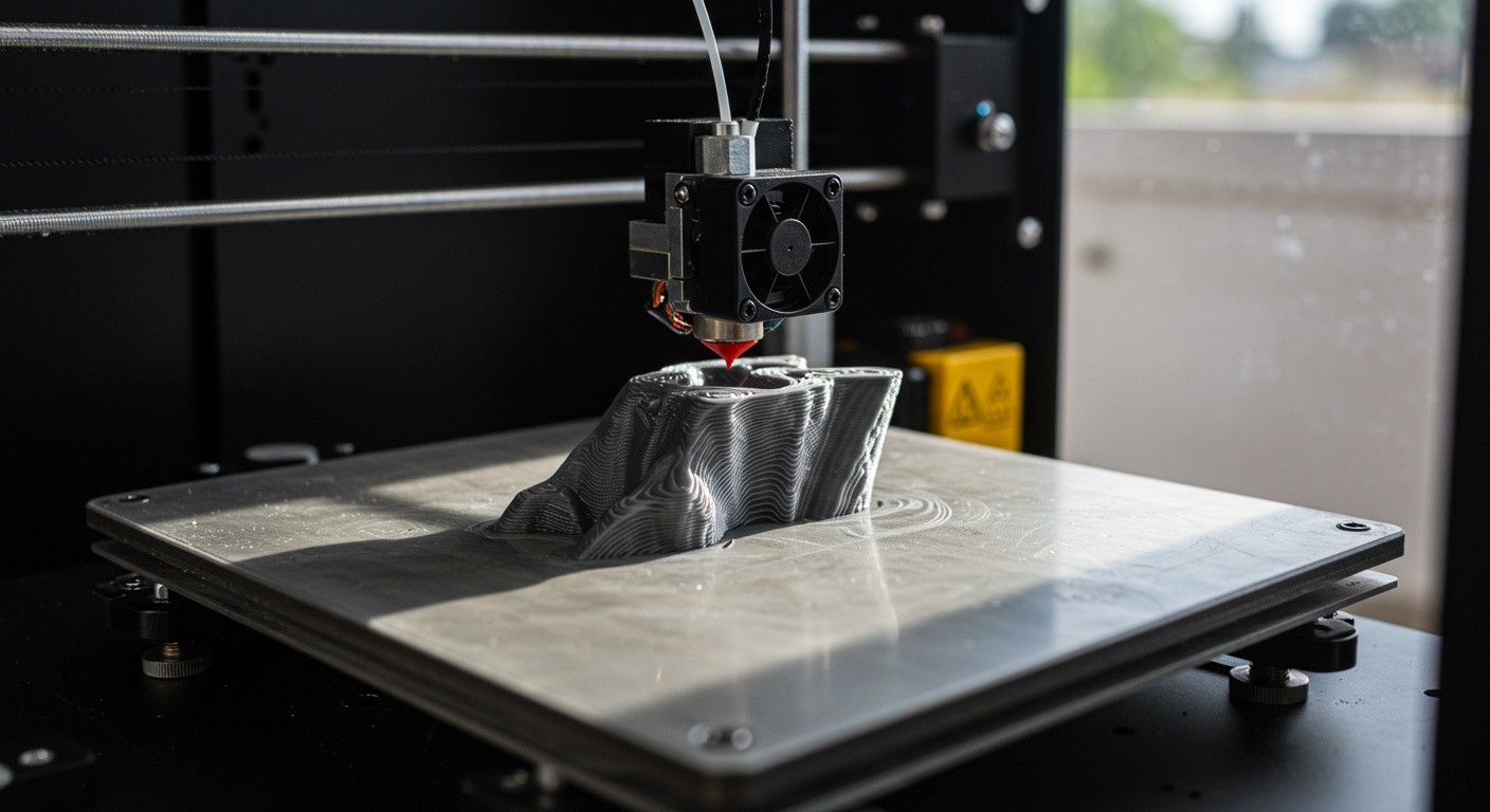 (реалистичная фотография) (Не используй текст и буквы на изображении) : 3d печать, Послойная печать и контроль вибраций стола