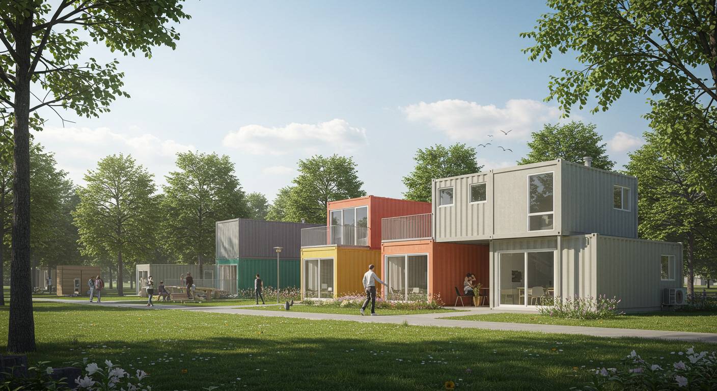 (реалистичная фотография) (Не используй текст и буквы на изображении) : 3d печать, Напечатанные контейнерные дома