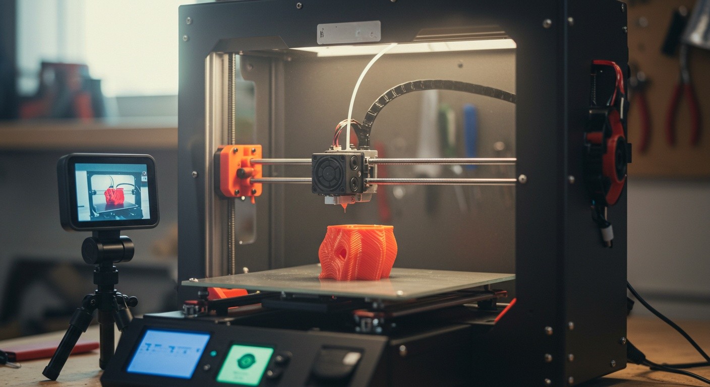 (реалистичная фотография) (Не используй текст и буквы на изображении) : 3d печать, Послойная печать и мониторинг через веб-камеру