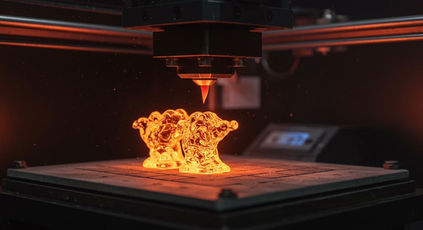 (реалистичная фотография) (Не используй текст и буквы на изображении) : 3d печать, Производство фигурок из стекла методом горячей обработки