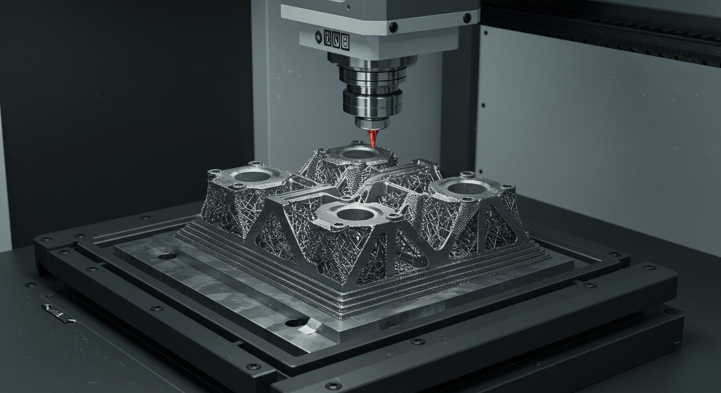 (реалистичная фотография) (Не используй текст и буквы на изображении) : 3d печать, Послойная печать металлом: революция в производстве