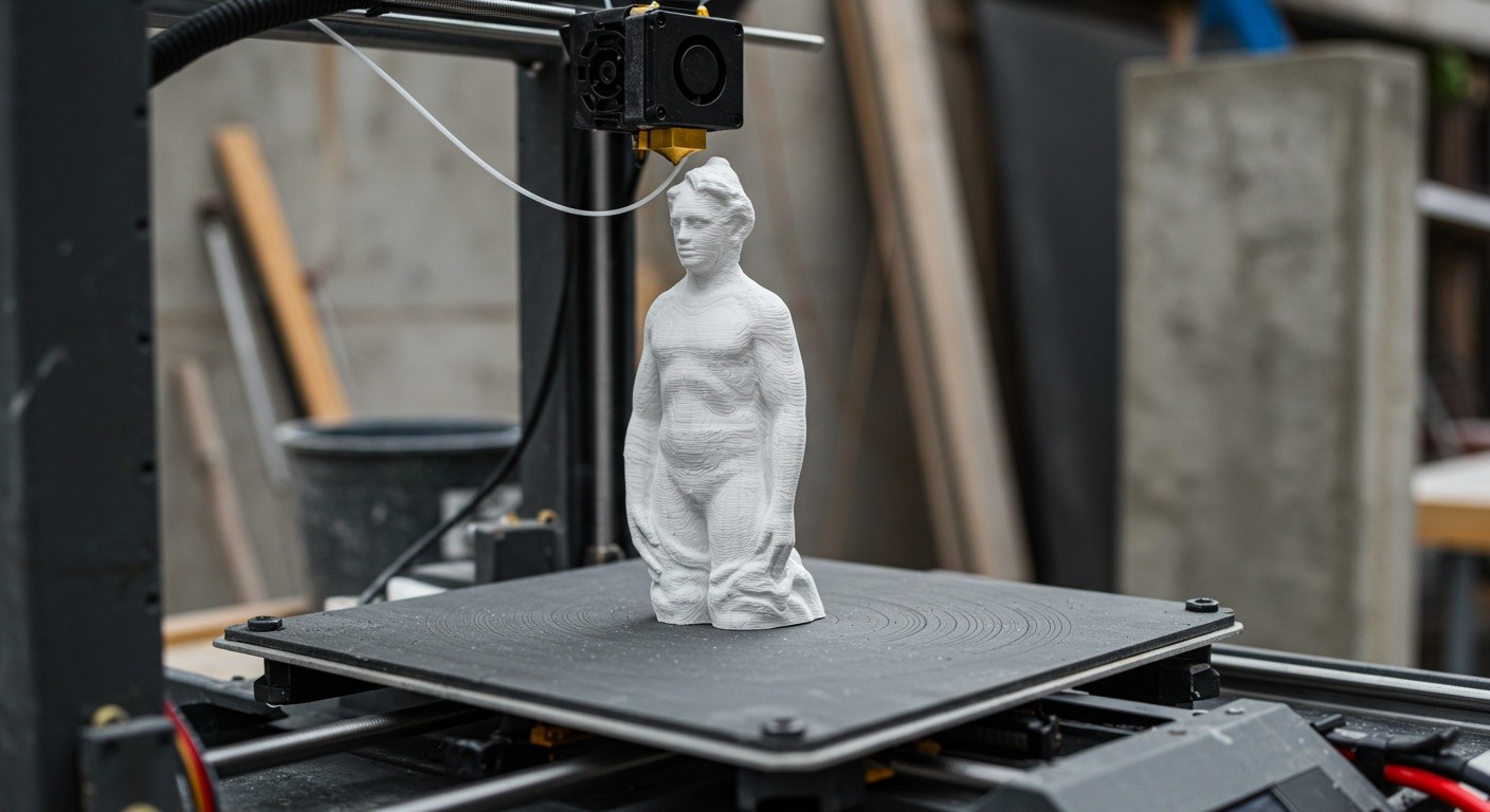 (реалистичная фотография) (Не используй текст и буквы на изображении) : 3d печать, Современные материалы для производства статуй на открытом воздухе