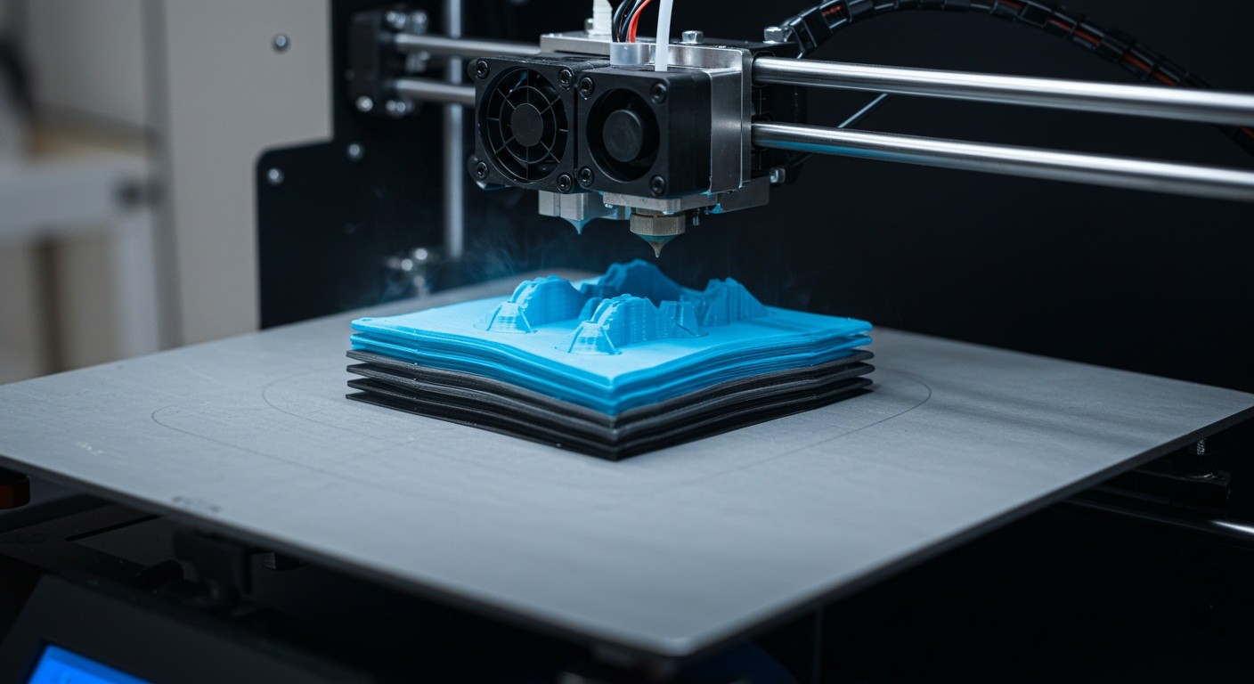 (реалистичная фотография) (Не используй текст и буквы на изображении) : 3d печать, Послойная печать и управление потоком охлаждения