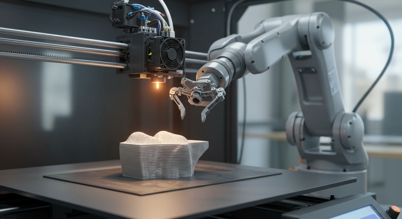 (реалистичная фотография) (Не используй текст и буквы на изображении) : 3d печать, Послойная печать и интеграция с роботами