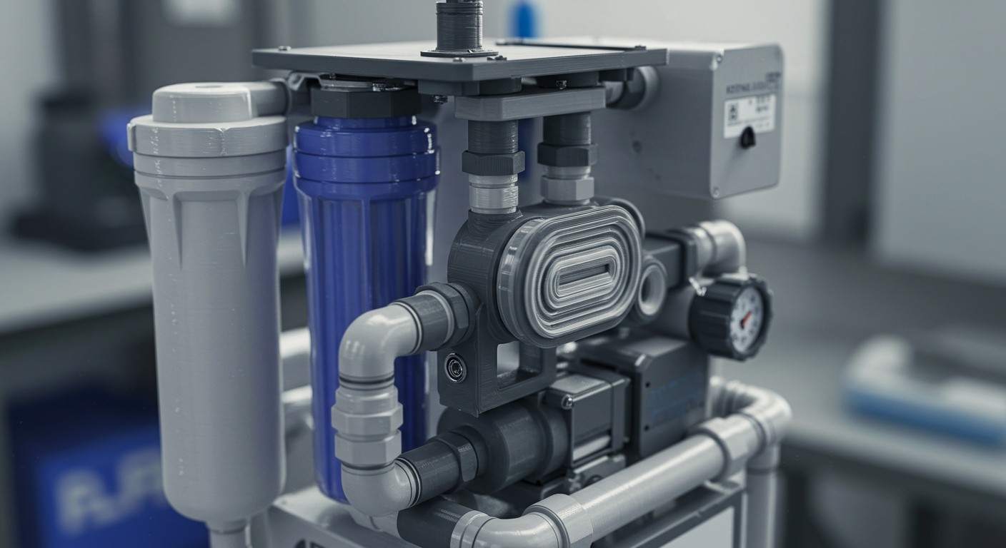 (реалистичная фотография) (Не используй текст и буквы на изображении) : 3d печать, Напечатанные системы очистки воды