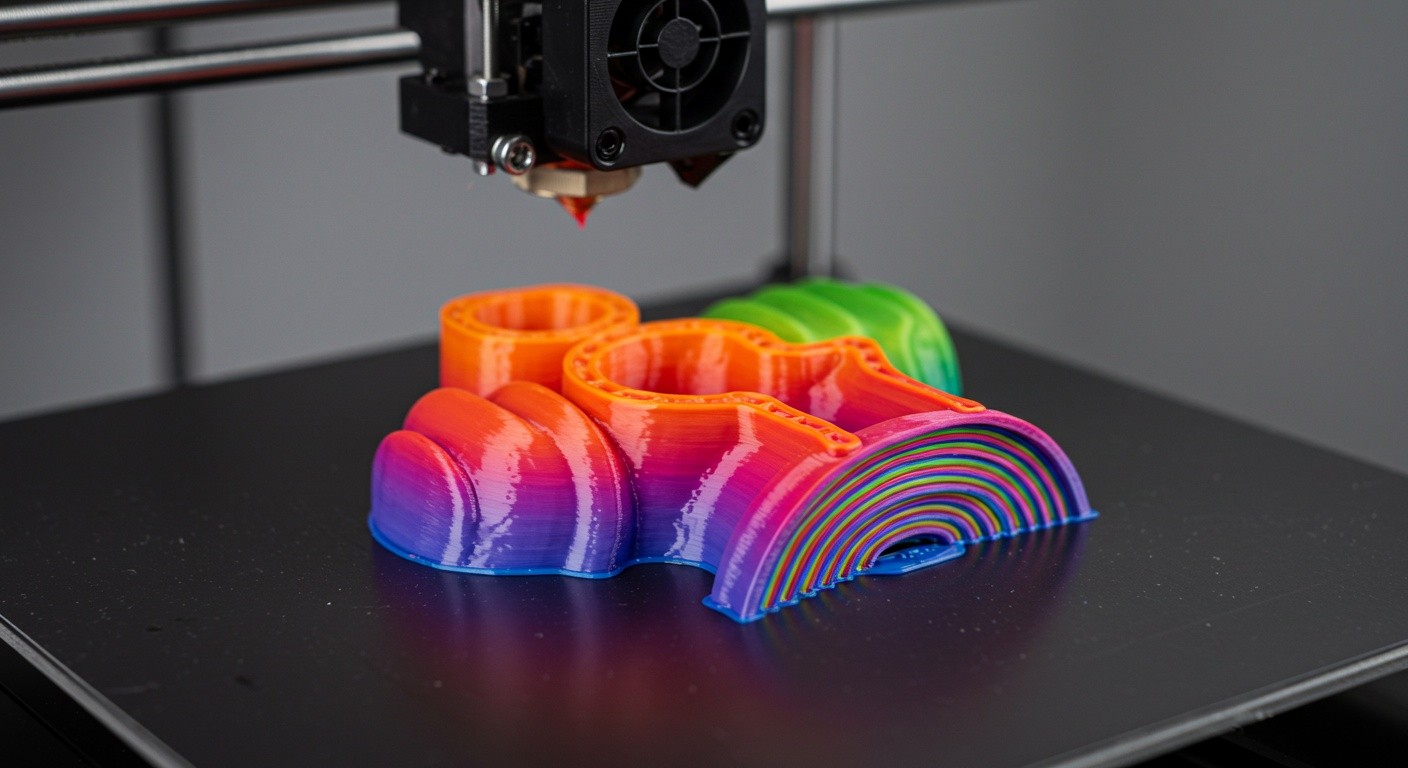(реалистичная фотография) (Не используй текст и буквы на изображении) : 3d печать, Печать объектов с чередованием материалов послойно