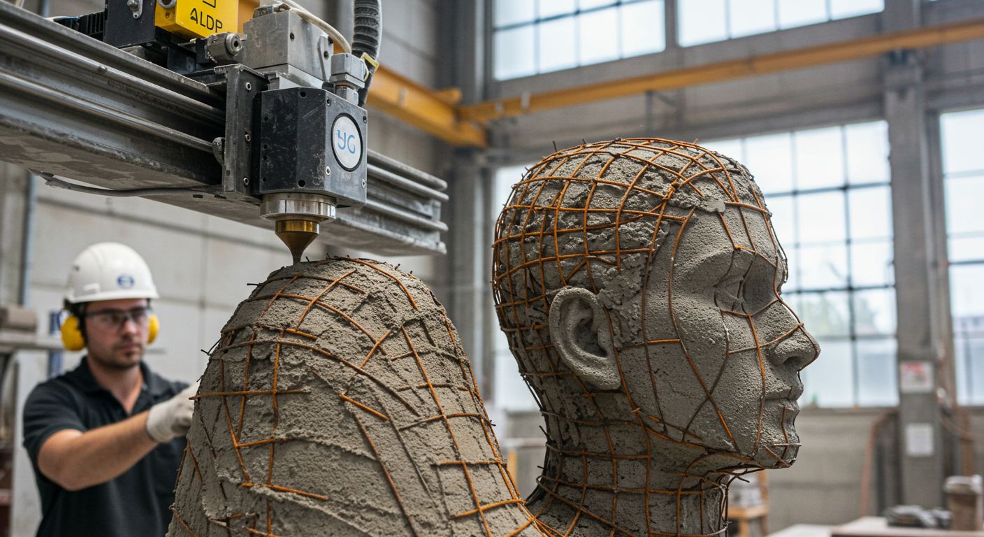 (реалистичная фотография) (Не используй текст и буквы на изображении) : 3d печать, Технология производства статуй из бетона с армированием