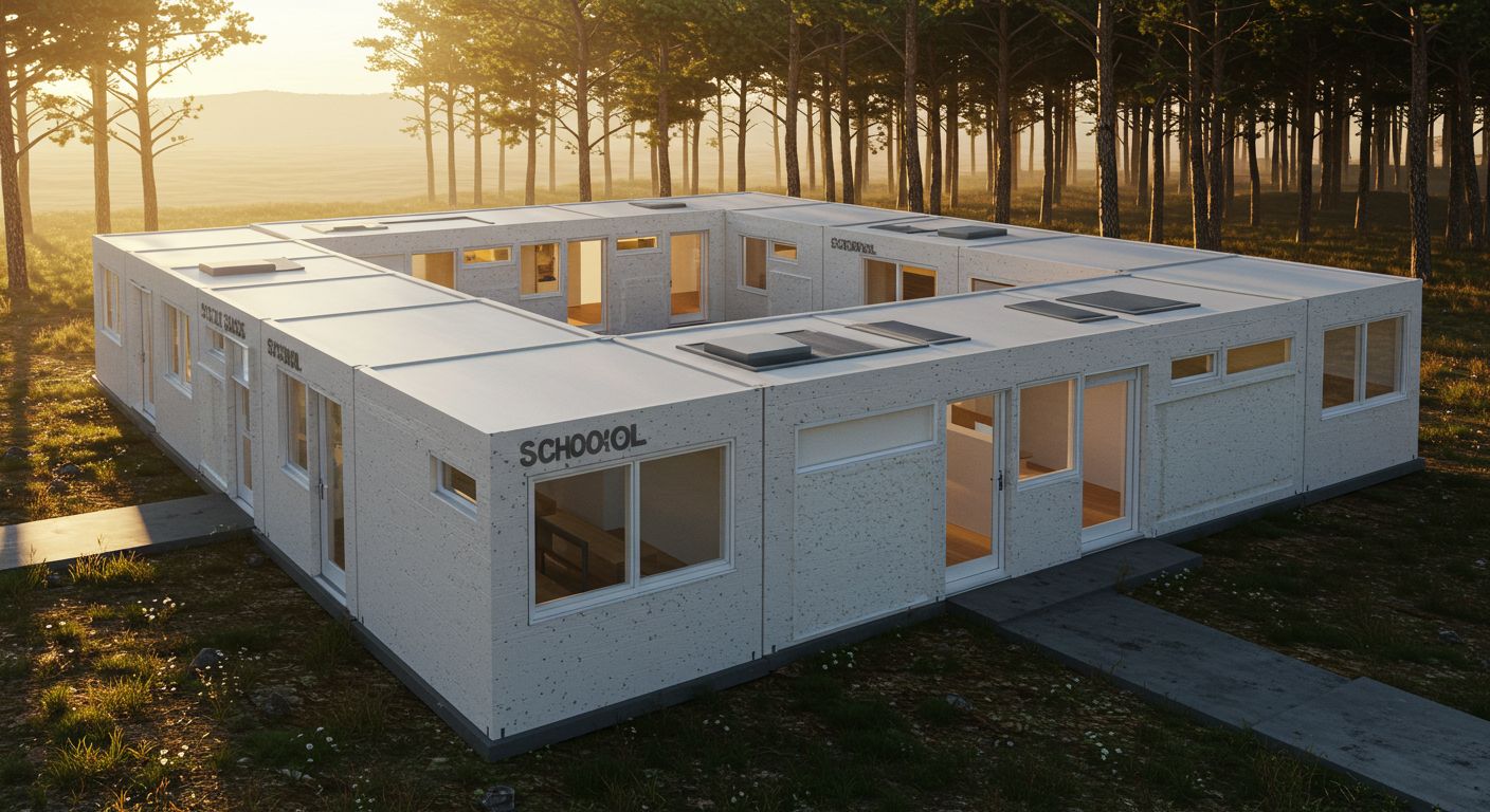 (реалистичная фотография) (Не используй текст и буквы на изображении) : 3d печать, Напечатанные модульные школы