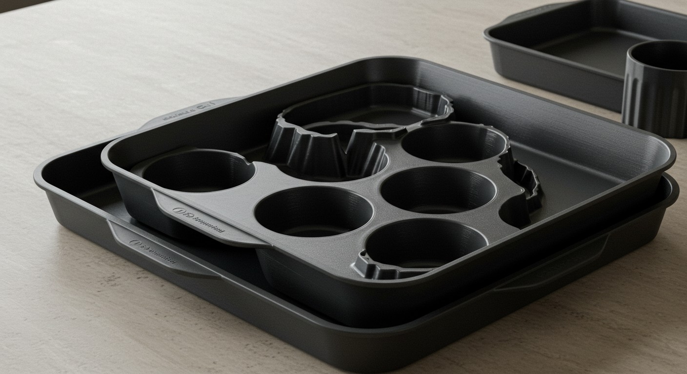 (реалистичная фотография) (Не используй текст и буквы на изображении) : 3d печать, Напечатанные формы для выпечки