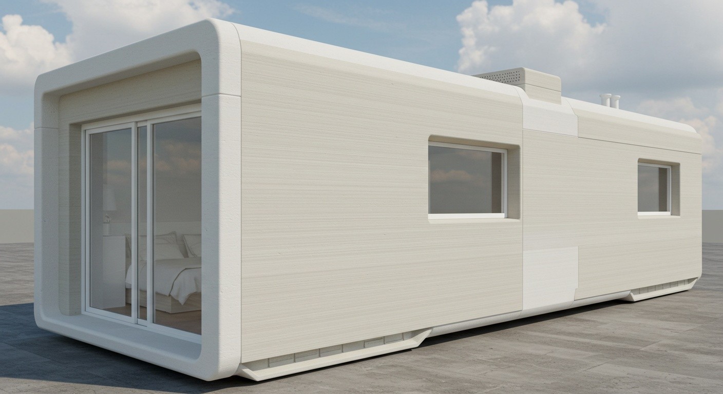 (реалистичная фотография) (Не используй текст и буквы на изображении) : 3d печать, Напечатанные модули для жилья