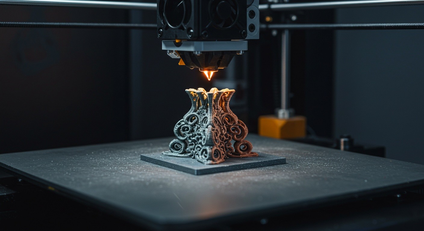 (реалистичная фотография) (Не используй текст и буквы на изображении) : 3d печать, Процесс изготовления декоративных изделий из металлопластика