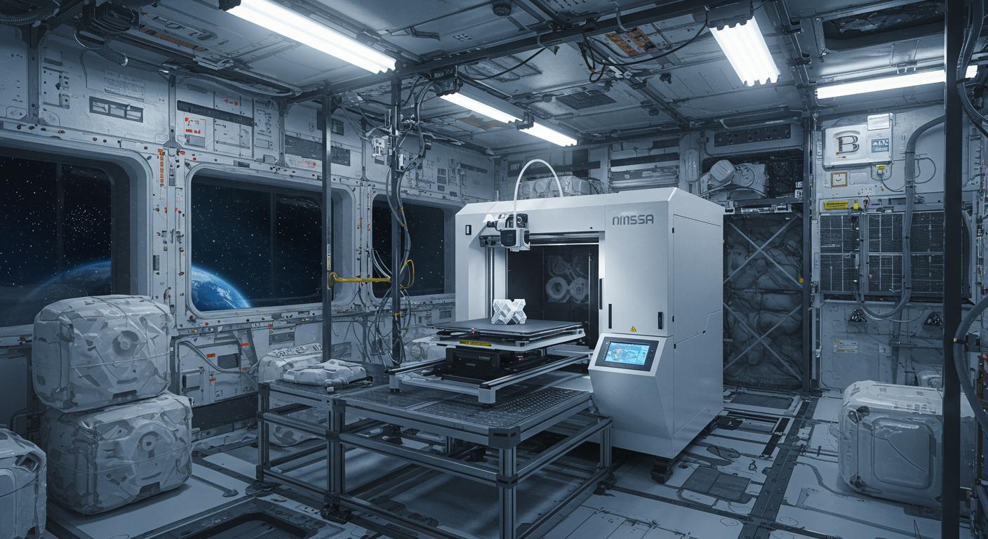 (реалистичная фотография) (Не используй текст и буквы на изображении) : 3d печать, 3D-принтеры в космосе