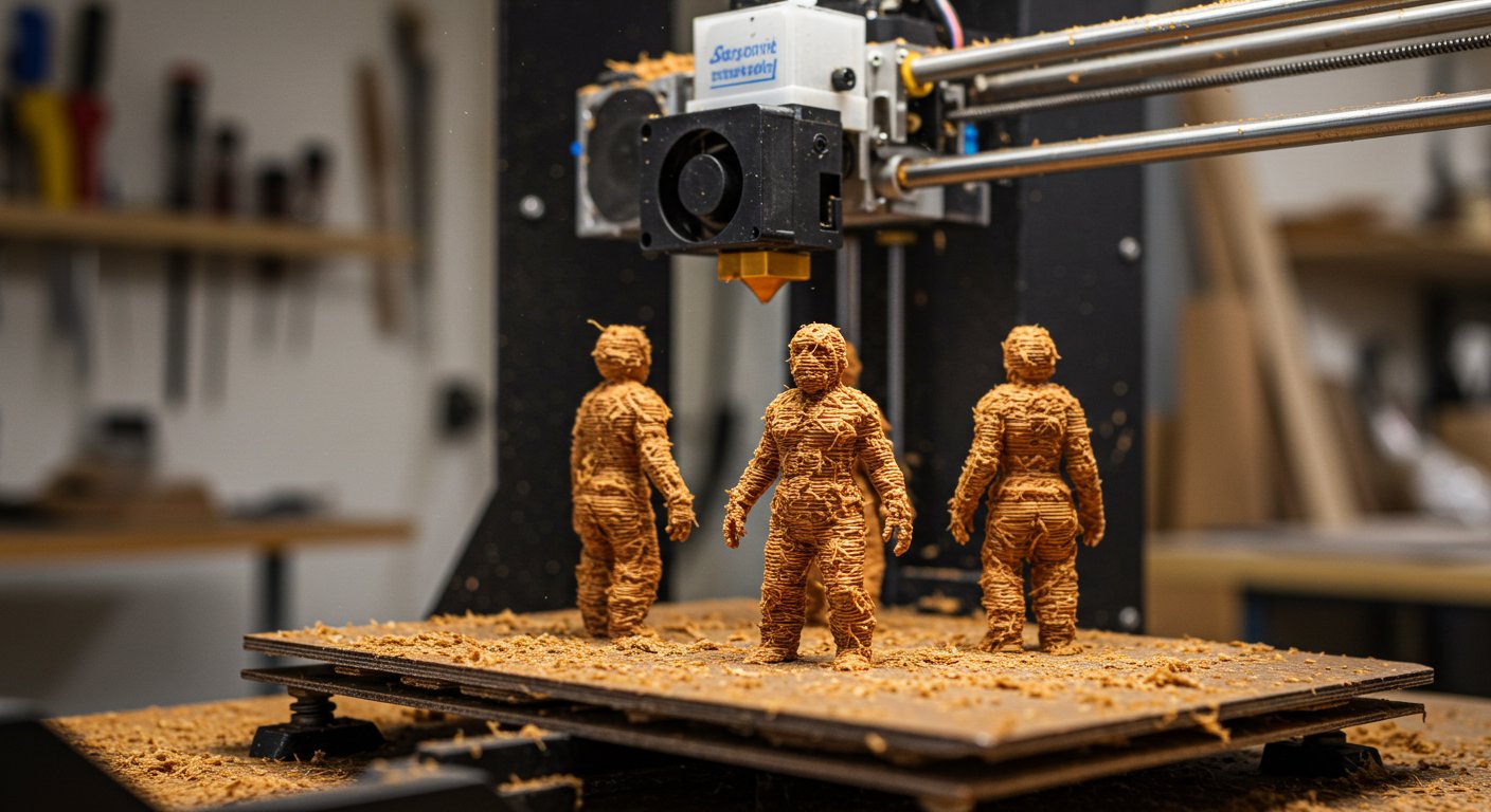 (реалистичная фотография) (Не используй текст и буквы на изображении) : 3d печать, Изготовление фигурок из древесной массы и прессованных материалов