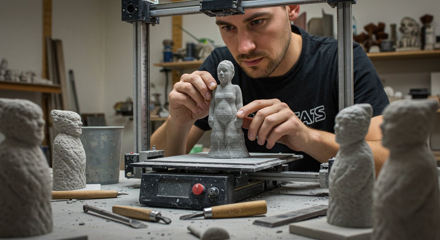 (реалистичная фотография) (Не используй текст и буквы на изображении) : 3d печать, Изготовление фигурок из камня: техника и инструменты