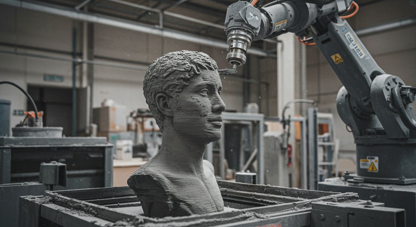 (реалистичная фотография) (Не используй текст и буквы на изображении) : 3d печать, Процесс создания статуй из бетона и цемента