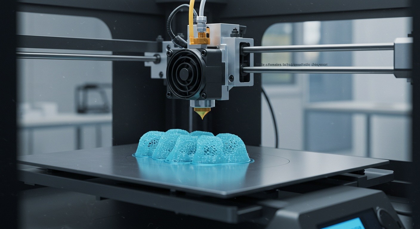(реалистичная фотография) (Не используй текст и буквы на изображении) : 3d печать, Послойная печать из биосовместимых полимеров