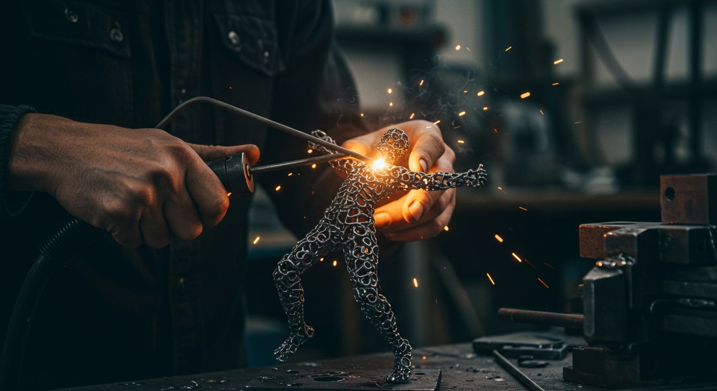 (реалистичная фотография) (Не используй текст и буквы на изображении) : 3d печать, Изготовление фигурок из металла с применением сварки