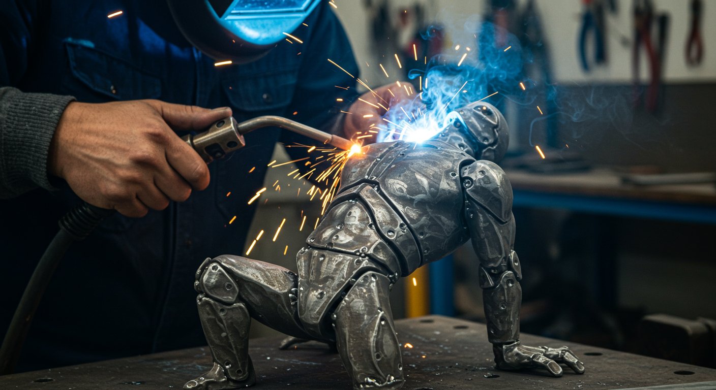 Процесс сварки металлической фигурки на производстве Изготовление металлической фигурки с помощью сварки