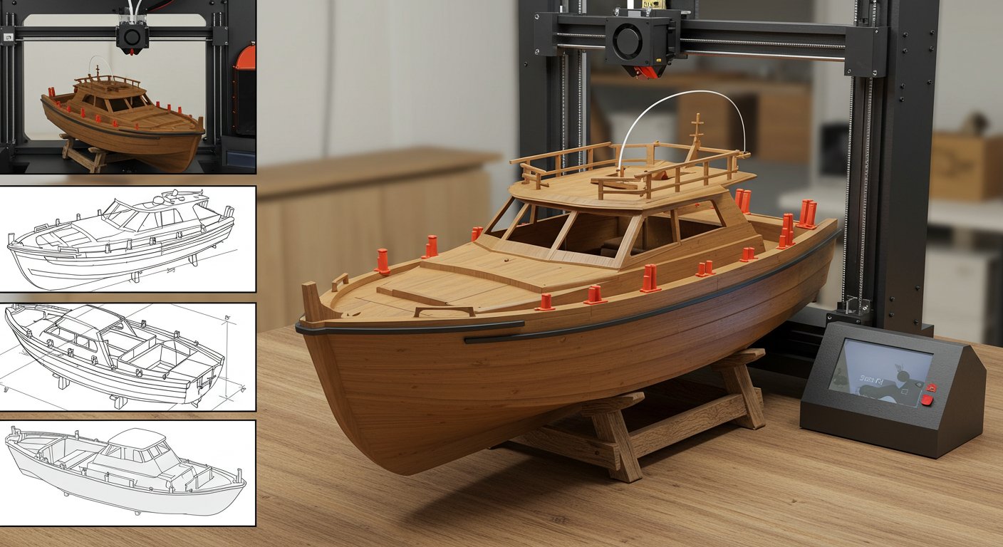 (реалистичная фотография) (Не используй текст и буквы на изображении) : 3d печать, Как напечатать лодку