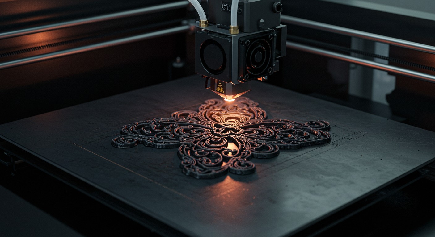 (реалистичная фотография) (Не используй текст и буквы на изображении) : 3d печать, Процесс создания декоративных деталей методом лазерного гравирования